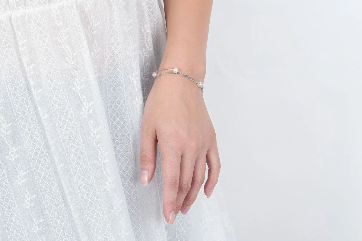 925 Sterling Silver Bracelet Double Chain Pearl Beads