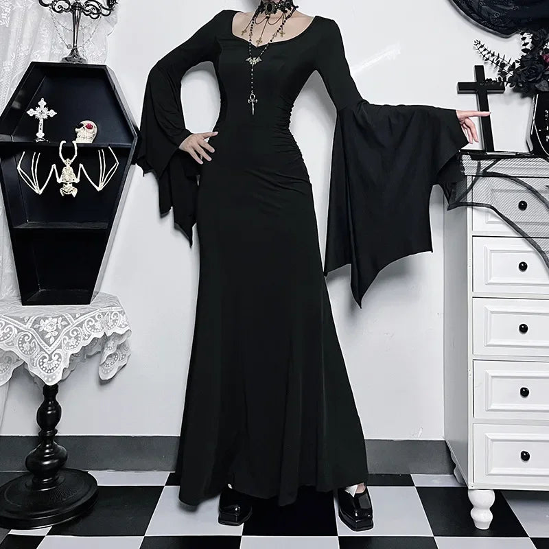 Halloween Costume Women Batwing Sleeve Floor Dress Black Gothic Evil Terror