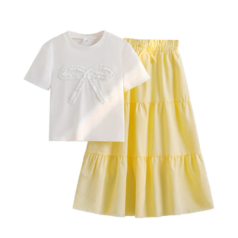 Trendy Girls Sets Solid Color Sets White Bow-knot T-shirt & Black Maxi Skirt 2 Pcs Korean Style Cute Sets Girls Suits