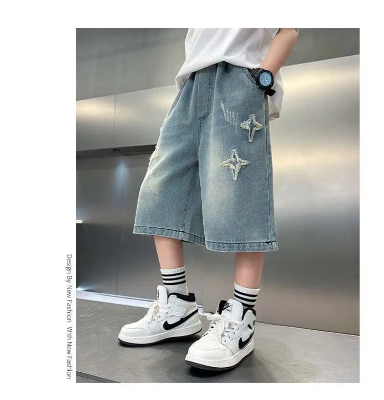 Boys Denim Shorts with Star Pattern