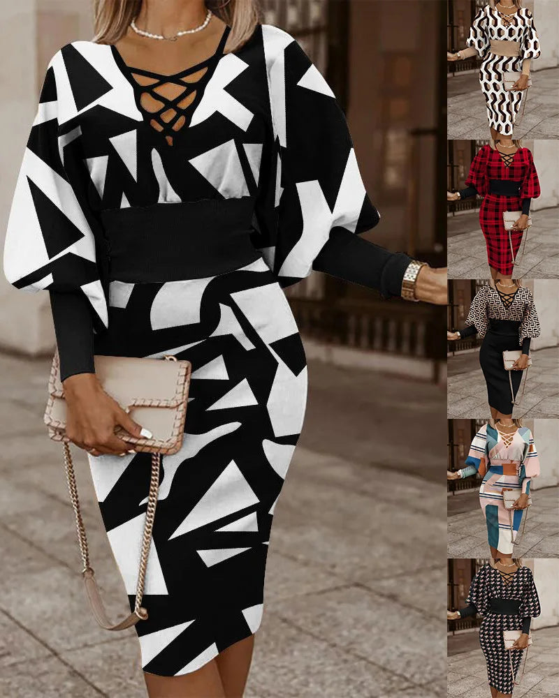 Maze Printed Long Sleeved Slim Fit Dress