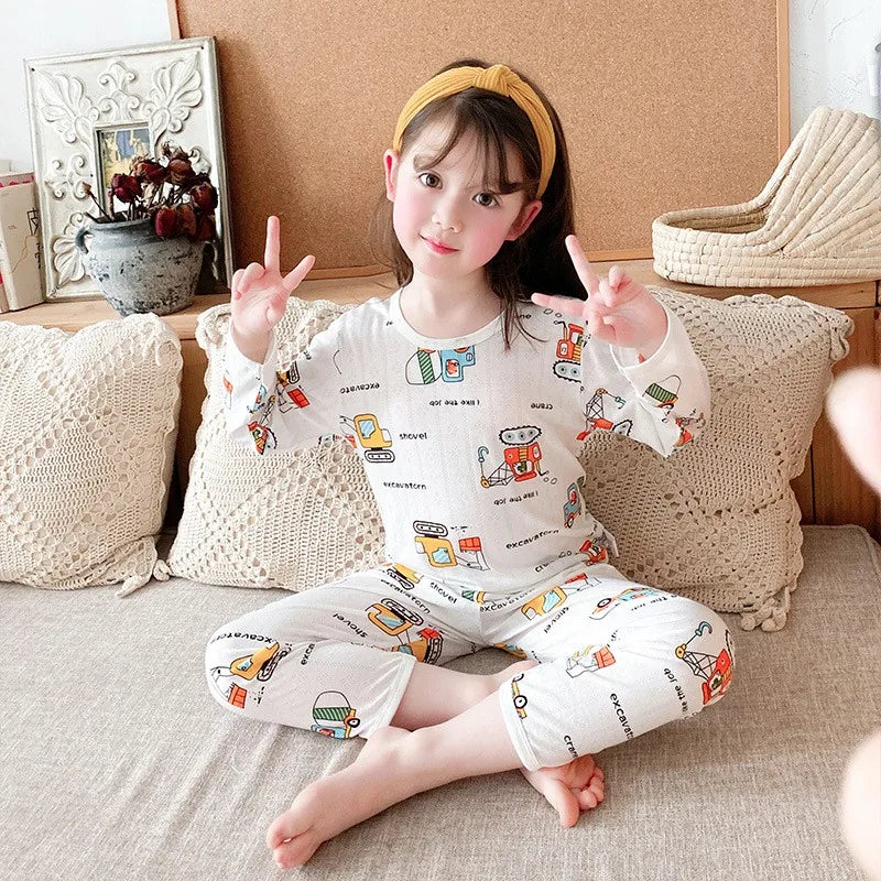 Top+Pants 2-Piece Set Breathable Soft Cotton Pajamas Children Boys Girls Baby Summer Cartoon Long Sleeve Home Sleepwear Set 1-6Y