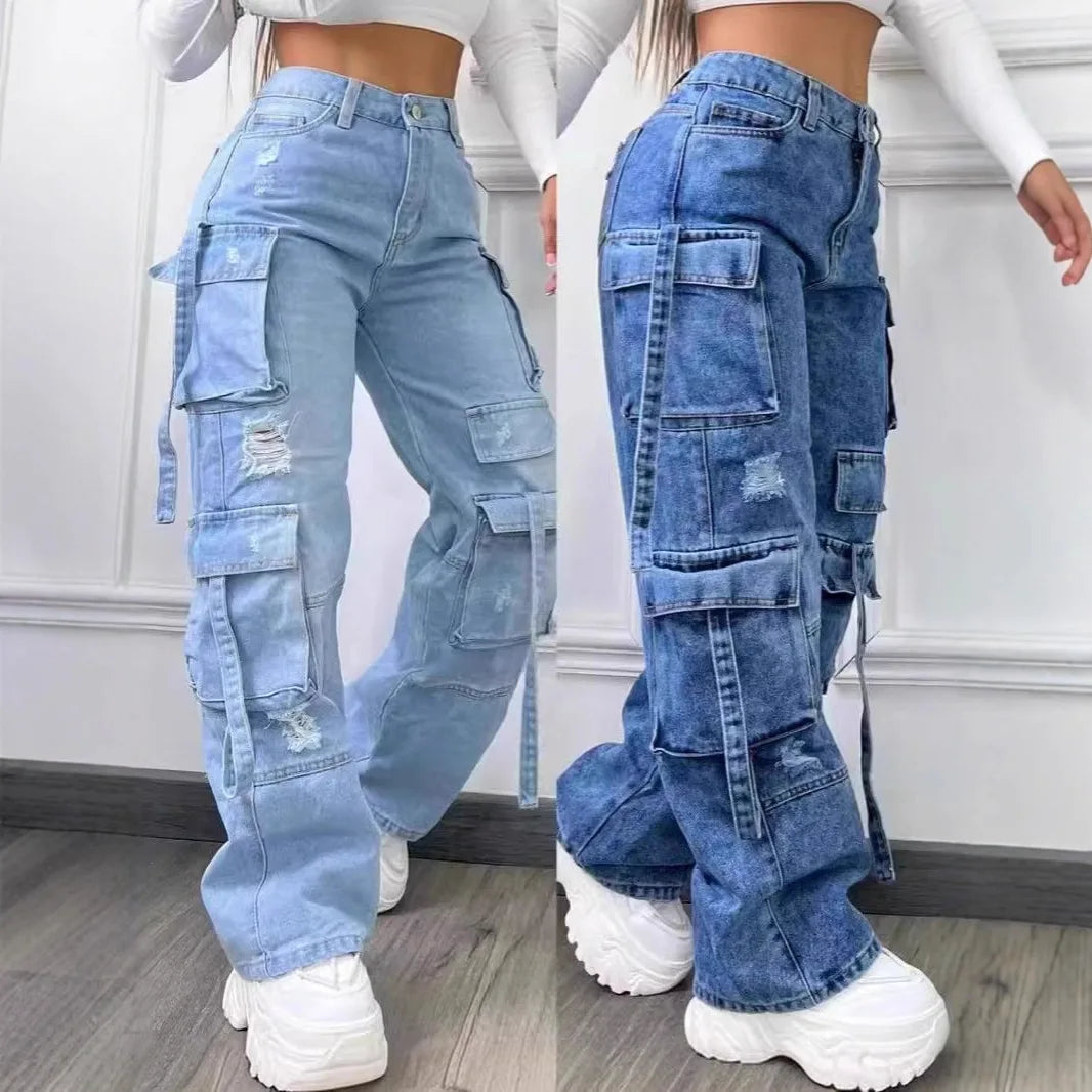 Plus Size Women's High Waist Cargo Denim