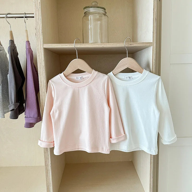 6 Colors Autumn Long Sleeve Tees Children's T-shirt Cotton Solid Color Base Coat Leisure Wear Boys Girls Tops Kids Clothes