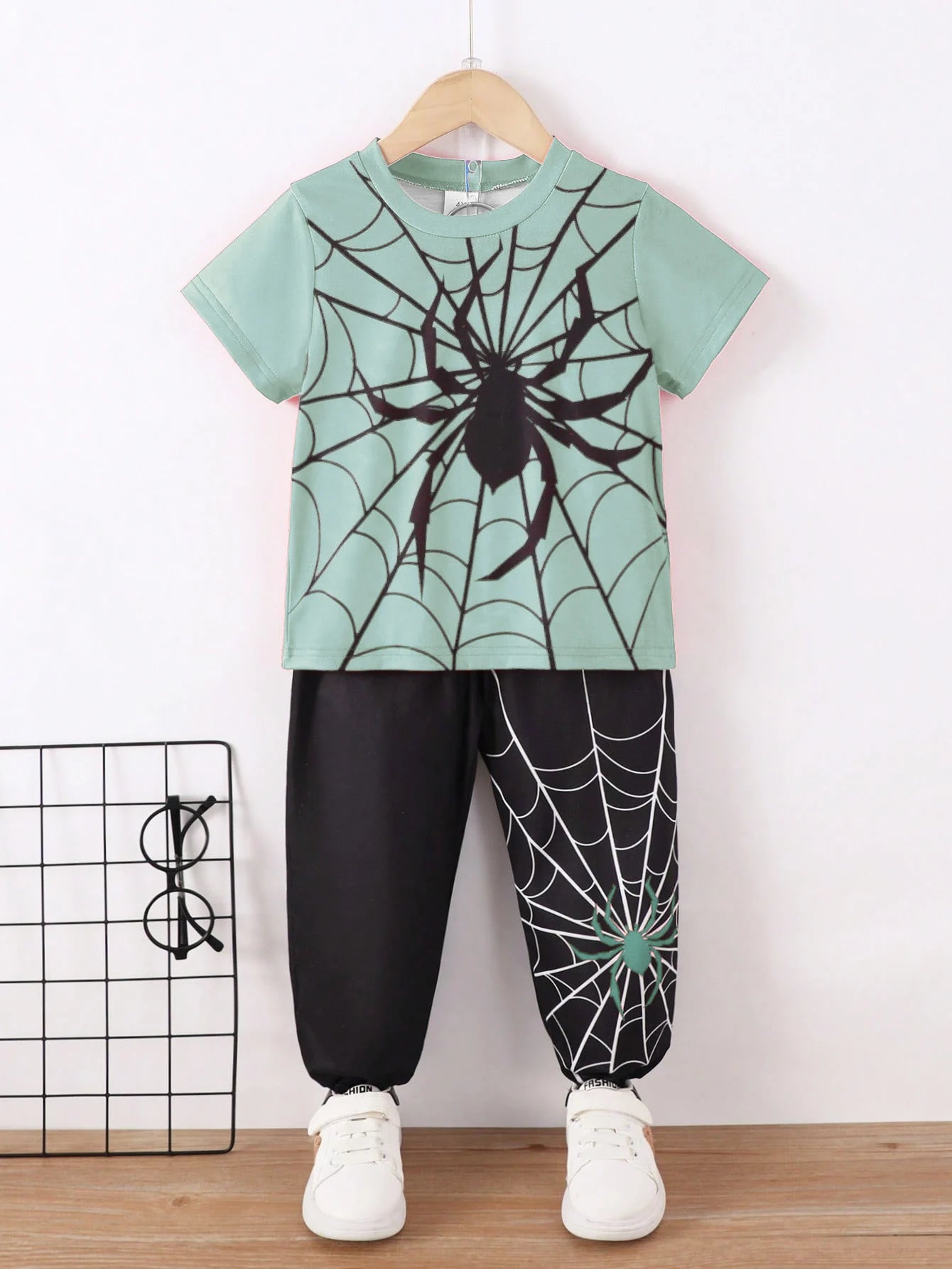 Summer Cool Boys Short Sleeves Spider Prints Two-Piece Leisure Suit For 4-7 Years Old Kids
