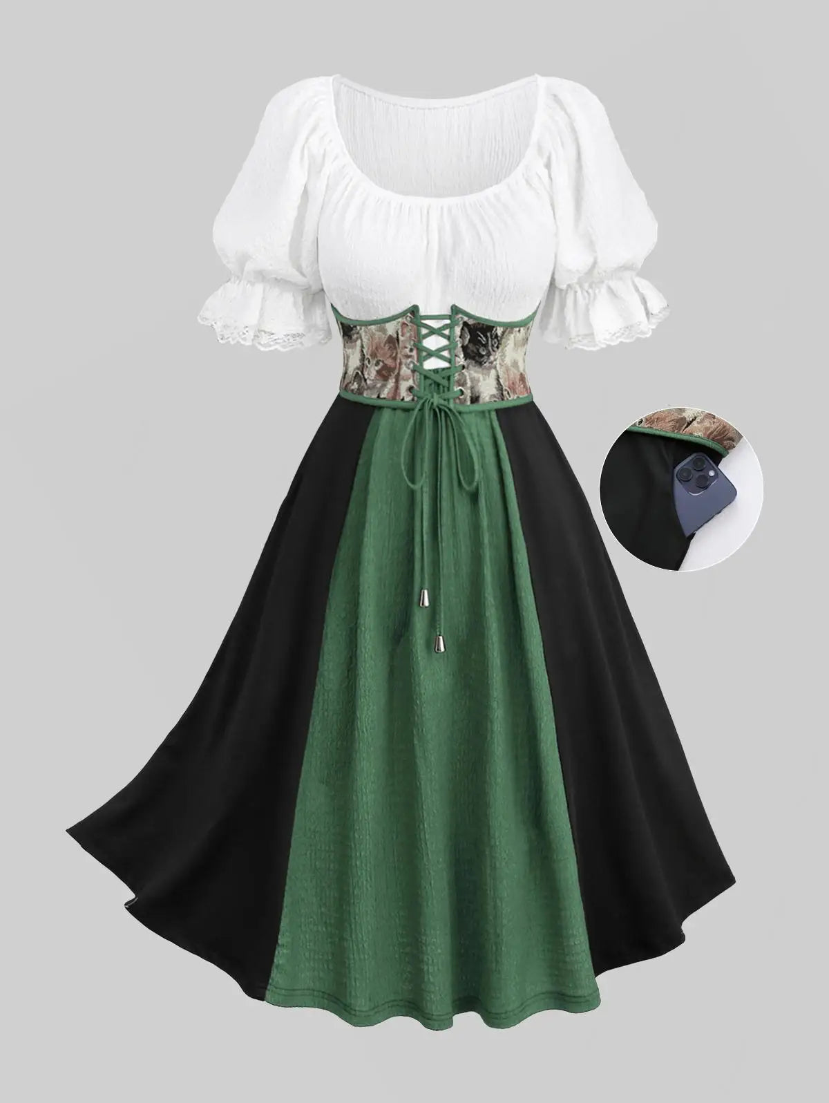 Plus Size Medieval Renaissance Dress Lace-up Corset Grommets Ruffles Lace Trim Dress Victorian Halloween Cosplay Costume