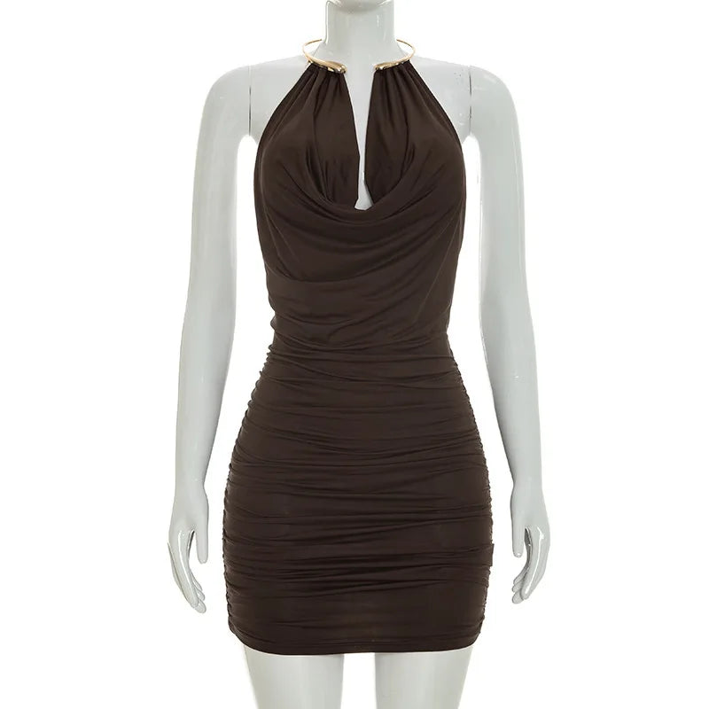 Metal Ring Halter Dress Cowl Neck Bodycon