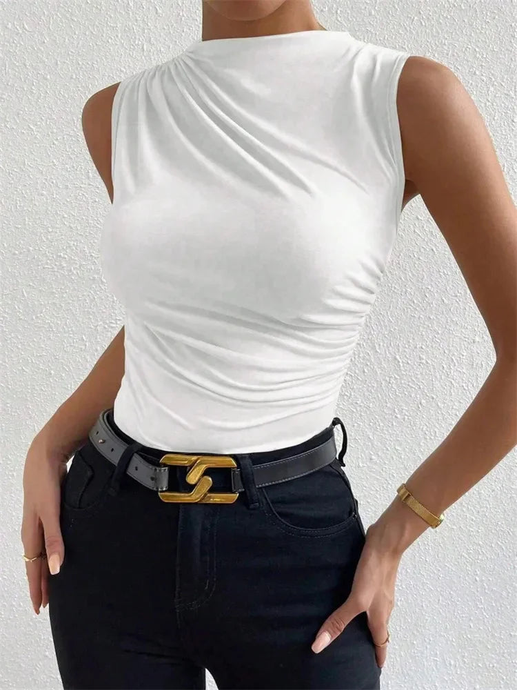 Mock Neck Ruched Tank Top for Women Summer 2024 Solid Color Pleated Sleeveless Tee Shirt Tshirt Streetwear Y2K