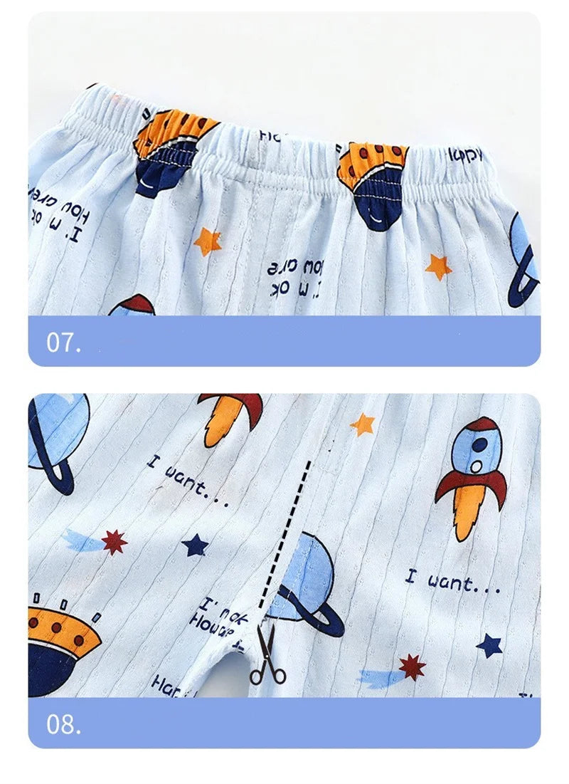 Top+Pants 2-Piece Set Breathable Soft Cotton Pajamas Children Boys Girls Baby Summer Cartoon Long Sleeve Home Sleepwear Set 1-6Y