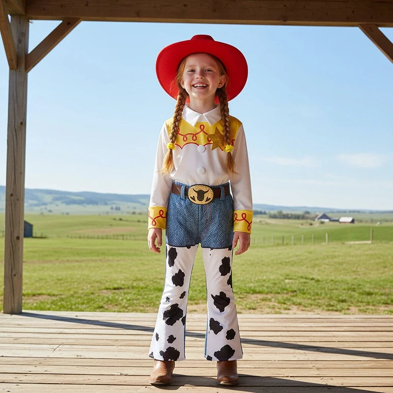 2026 Jessie Cowgirl Costume 2 Piece Set Sleeve shirt Cow Print Flared Pants Kids Cosplay Outfit