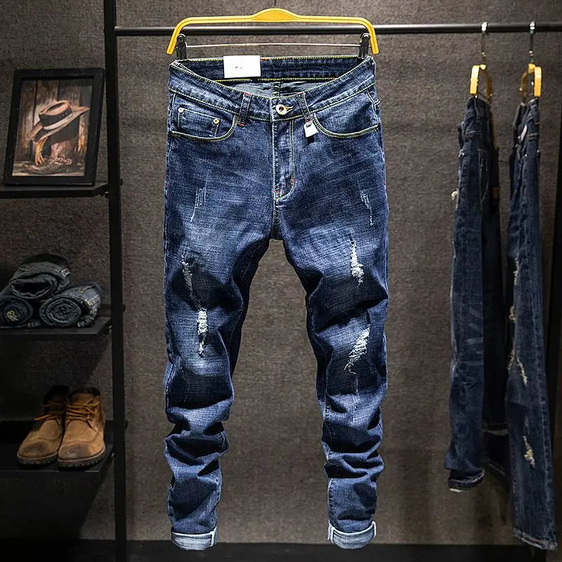 Elastic Straight Jeans Men Ripped Worn-out Slim-fit