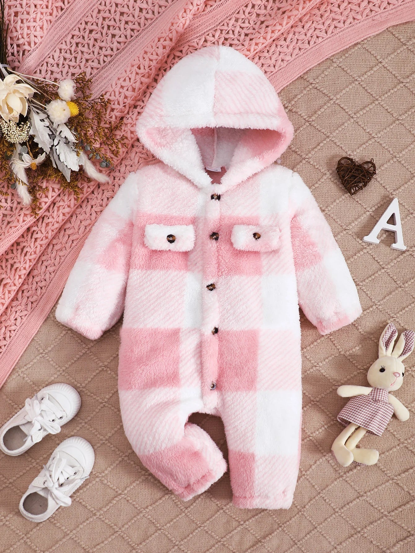 0-24 Months Baby Girl Plush Hooded Color Blocked Checkered Long Sleeved Jumpsuit Cute Baby Girl Winter Warm Crawling Suit