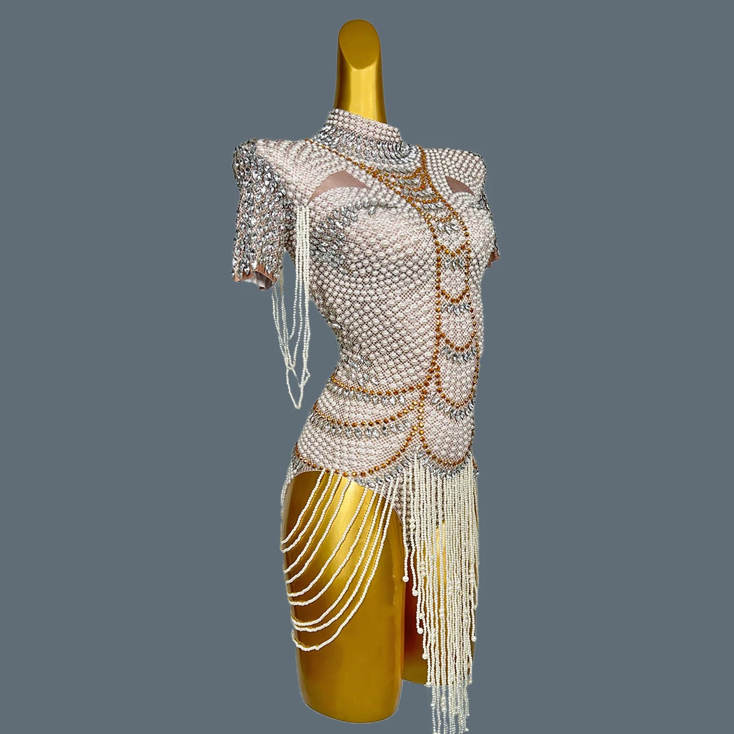 White Beaded Pearls Leotard Women Birthday Party Bodysuits