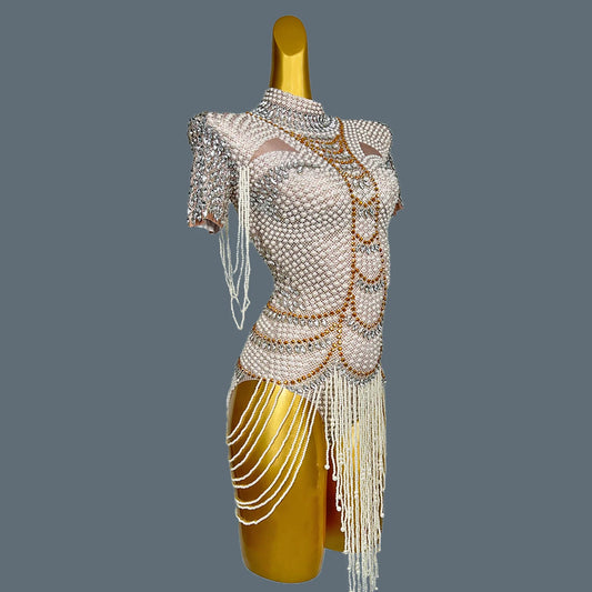White Beaded Pearls Leotard Women Birthday Party Bodysuits