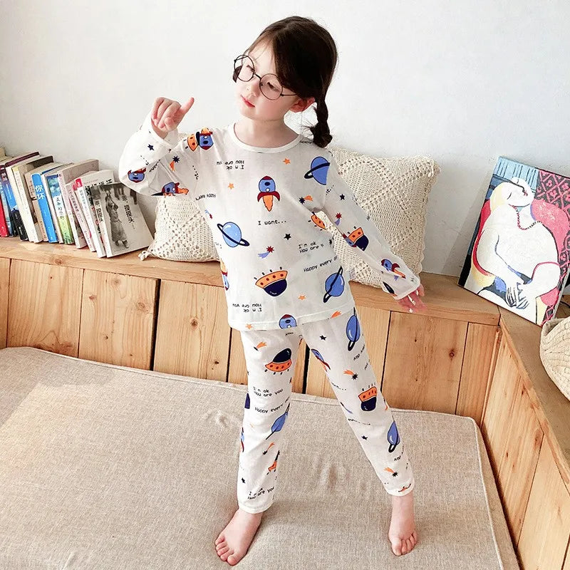 Top+Pants 2-Piece Set Breathable Soft Cotton Pajamas Children Boys Girls Baby Summer Cartoon Long Sleeve Home Sleepwear Set 1-6Y