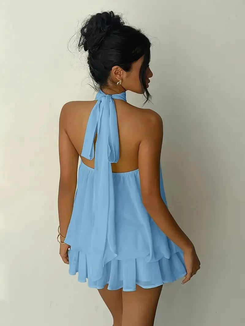 Halter Neck Backless Tie Mini Dress