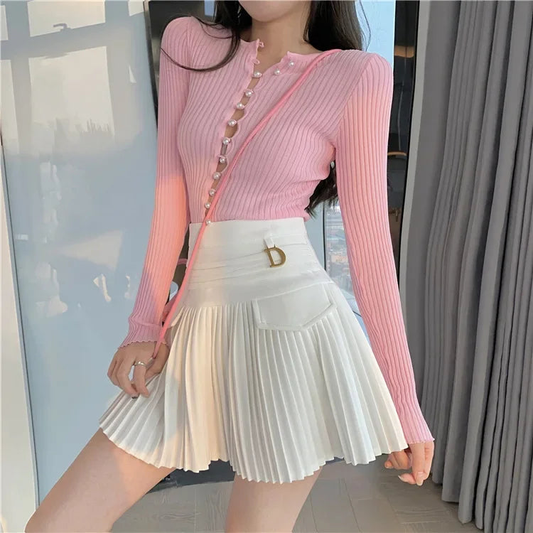 White Pleated Skirts High Waist Mini Metal Letter D A-Line