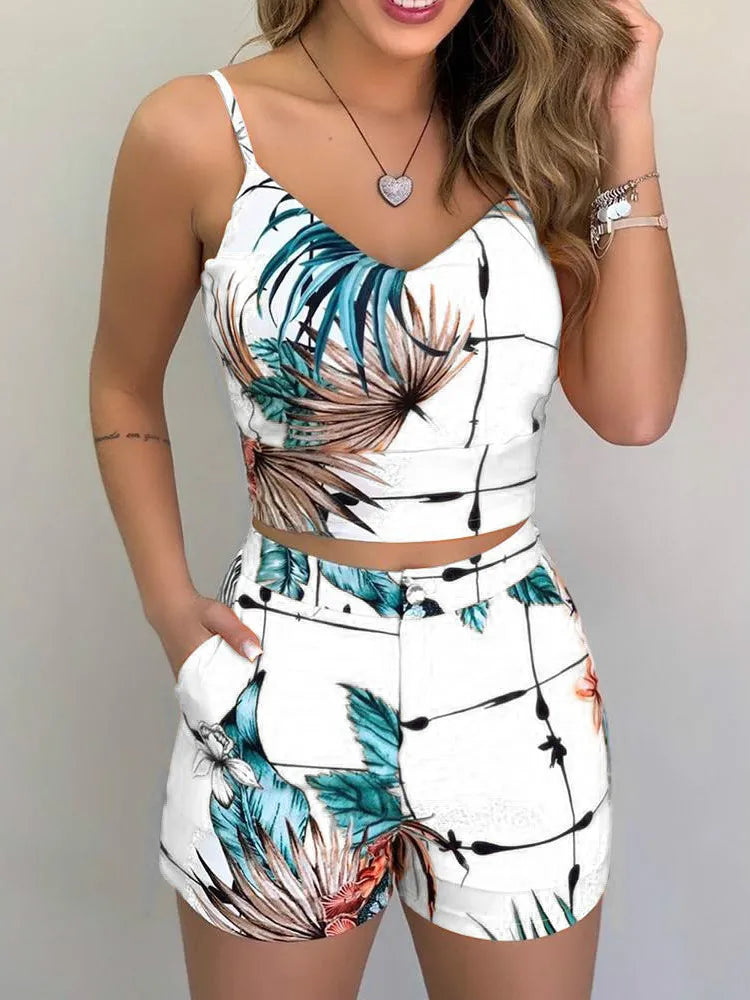Two Piece Set Sleeveless Floral Vest Shirts + Shorts