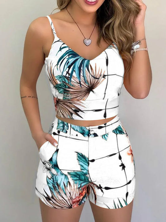 Two Piece Set Sleeveless Floral Vest Shirts + Shorts