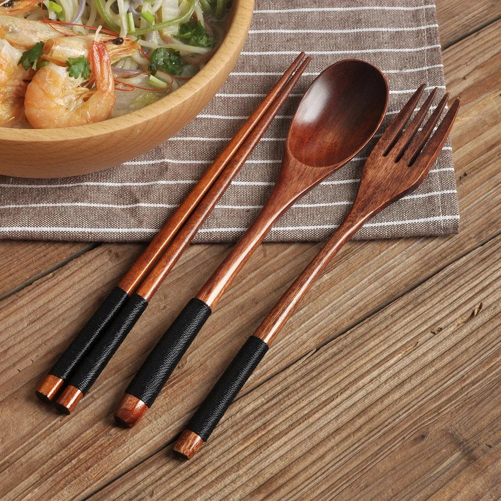 3 Pieces Tableware Natural Wood Dinnerware Spoon Chopsticks