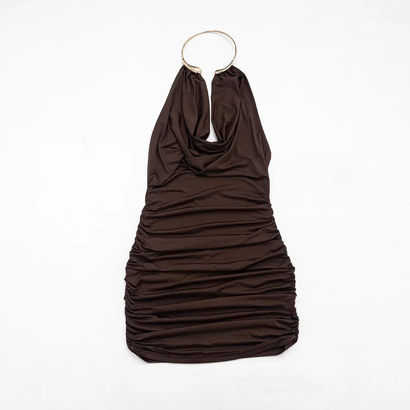 Metal Ring Halter Dress Cowl Neck Bodycon