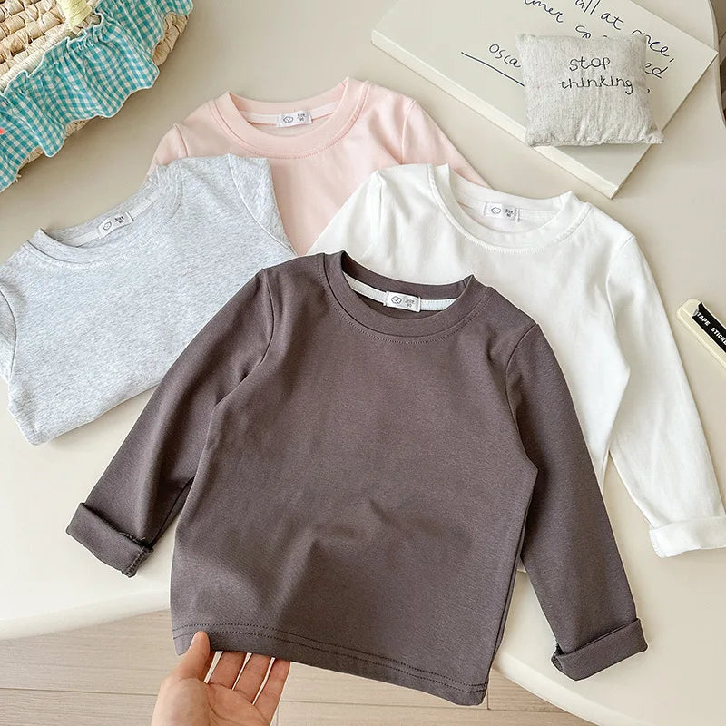 6 Colors Autumn Long Sleeve Tees Children's T-shirt Cotton Solid Color Base Coat Leisure Wear Boys Girls Tops Kids Clothes