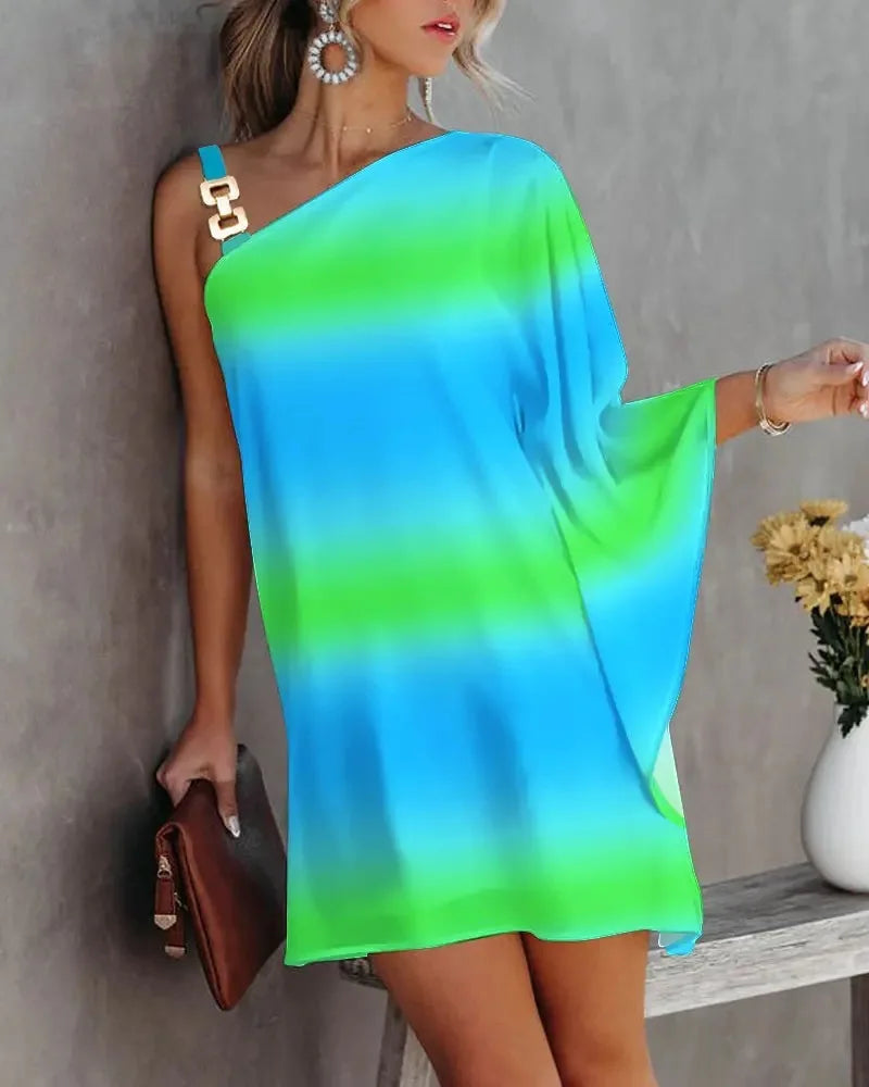 One Shoulder Geometric Print Dress Women Batwing Sleeve Asymmetrical Mini Dress Casual Party Club Evening Outfit