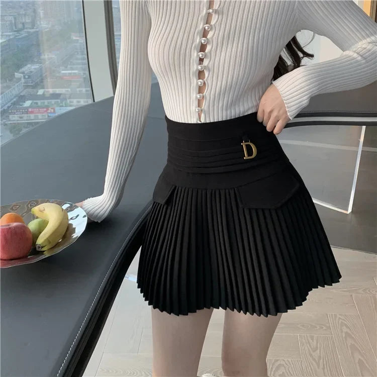 White Pleated Skirts High Waist Mini Metal Letter D A-Line