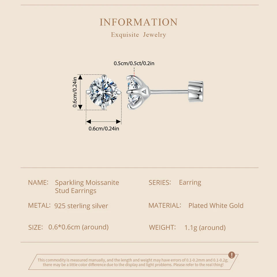 Classic Moissanite Earrings, 925 Silver Brilliant 4 Prongs Round Cut