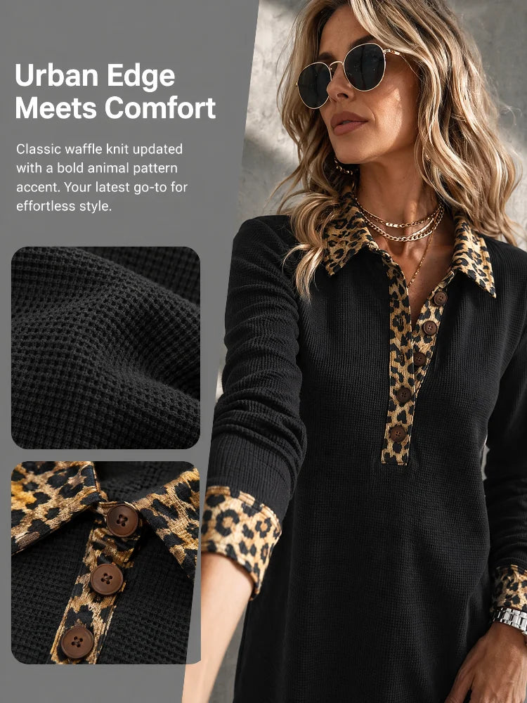 Lady's Commuting Leopard Embroidered Plaid Knit Top Dress - Lady's Henry Collar Long-Sleeved Side-Opening Cotton Blended Casual Straight-Tee Shirt Dress