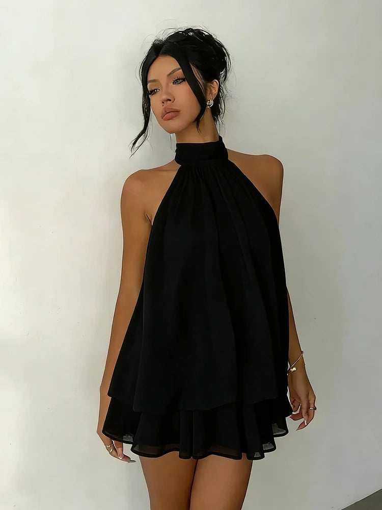 Halter Neck Backless Tie Mini Dress