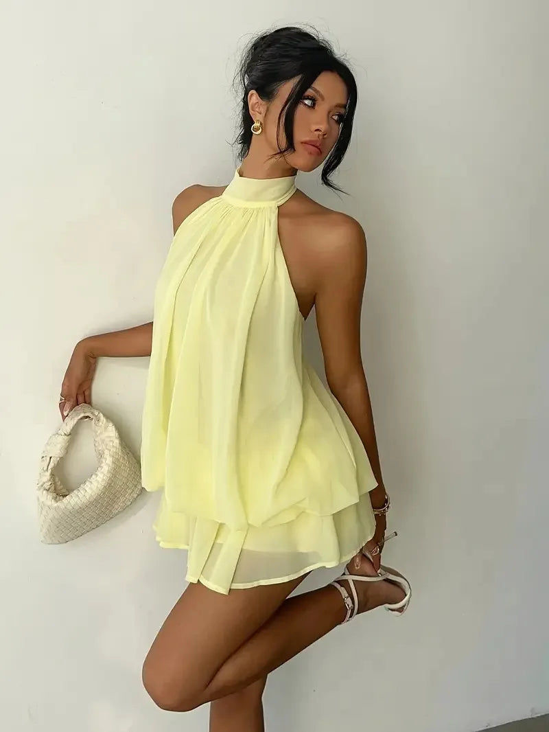 Halter Neck Backless Tie Mini Dress
