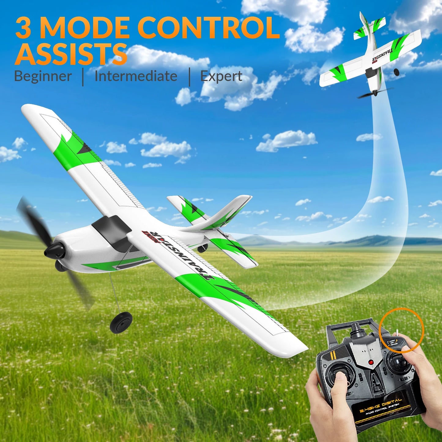 VOLANTEXRC RC Airplane Mini Trainstar 2.4GHz 3CH 3level Flight Control Fixed Wing Airplane Remote Control One-Key U-Turn Easy To Fly For Beginners 761-1RTF