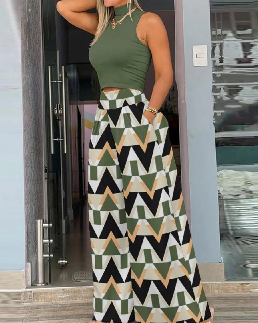 Print Two-piece Set, Smooth Sleeveless T-shirt, Wide Leg Pants