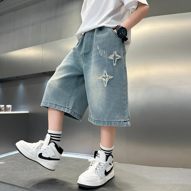 Boys Denim Shorts with Star Pattern