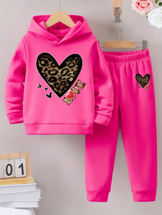 2sets  girls printed with fleece warm lined hoodie and tracksuit pants