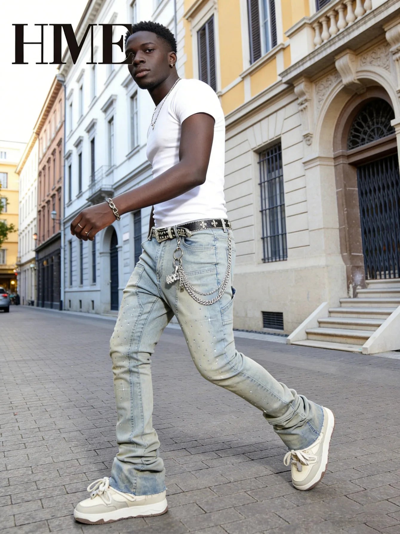 【HME】Men's jeans | Rhinestone Embellished Stacked Flare Denim pants for men, light vintage washed denim trousers with full‑body hot‑fix rhinestones, contrast stitching, multi‑pocket construction fashion streetwear m
