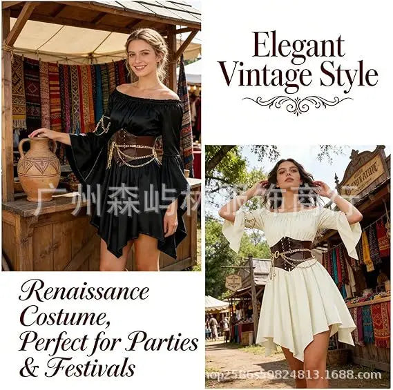 Women's Dress Suit Halloween Renaissance Medieval Pirate Dress Off-the-Shoulder Flared-Sleeve