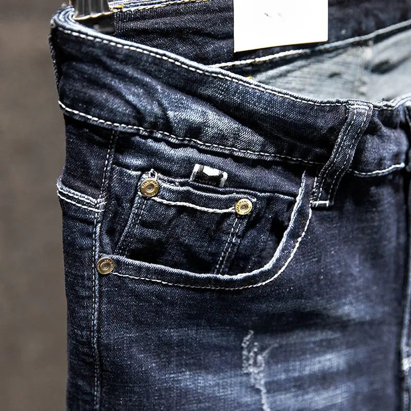 Elastic Straight Jeans Men Ripped Worn-out Slim-fit