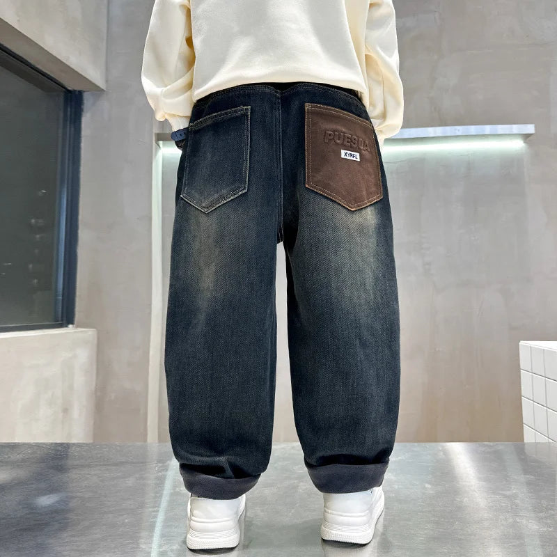 Retro Dark Blue Winter Warm Jeans  Thickened Insulated Denim Pants