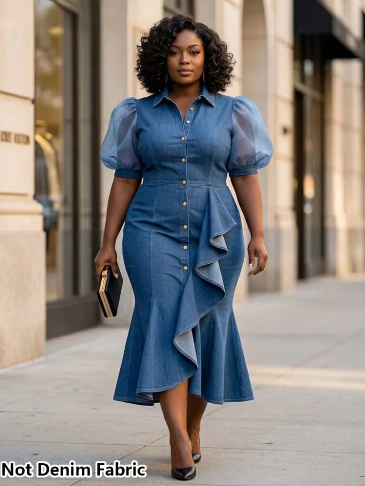 Plus Size Shirt Collar Puff Sleeve Button Decor Ruffle Midi Dress For Women Office Business Mermaid Bodycon Dress