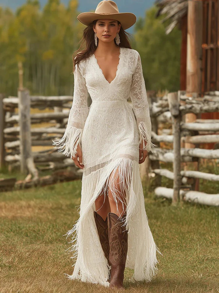Tassel Dress White Lace V Neck Fringe Sleeve Autumn Fashion Party Dress Wedding Guest Maxi Dresses