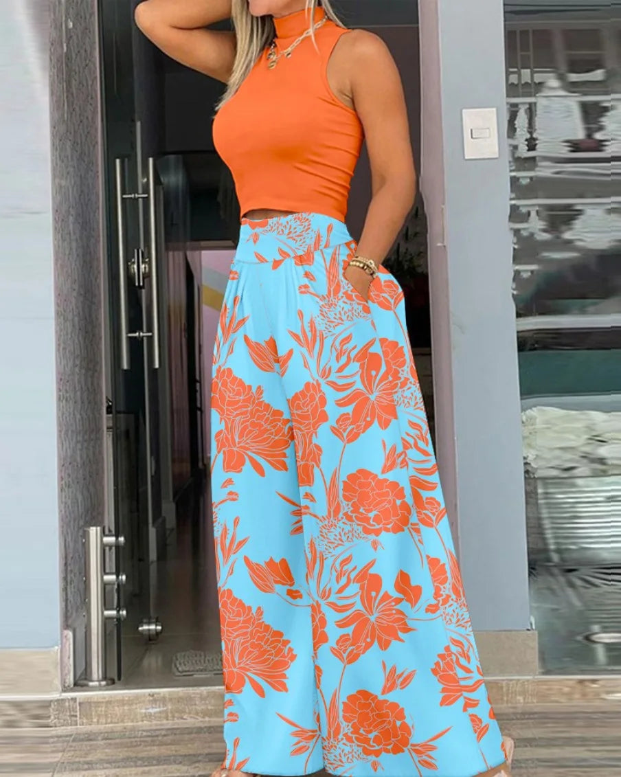 Print Two-piece Set, Smooth Sleeveless T-shirt, Wide Leg Pants