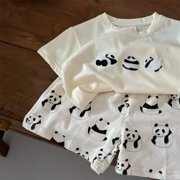 Children's Clothing Sets Panda Embroidered Short Sleeve Top + Panda Print Shorts Baby Girl Clothes for 2 To 7years Outfit Set