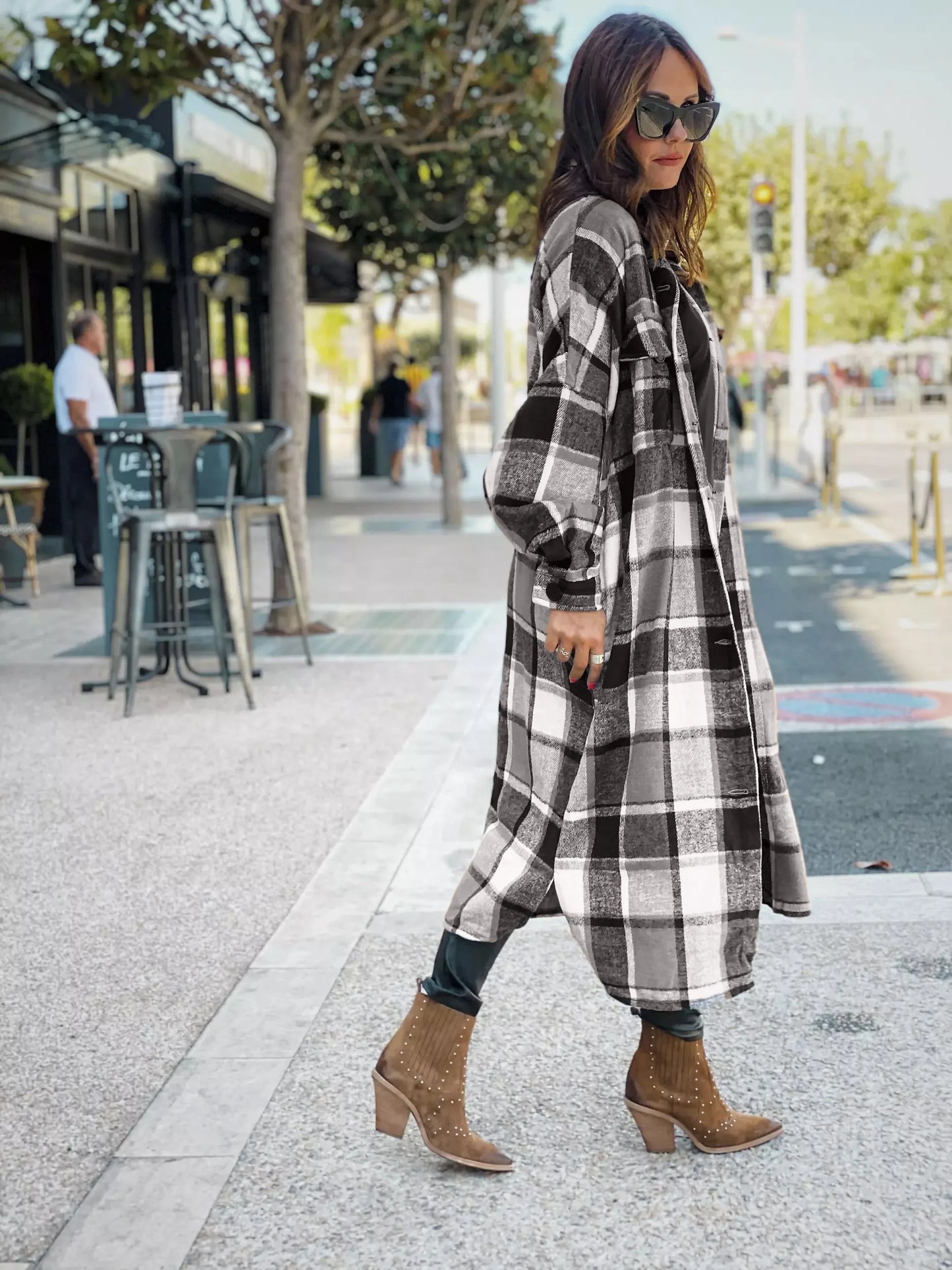Women Coat Plaid Print Long Maxi Button Coats