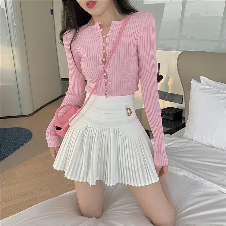 White Pleated Skirts High Waist Mini Metal Letter D A-Line