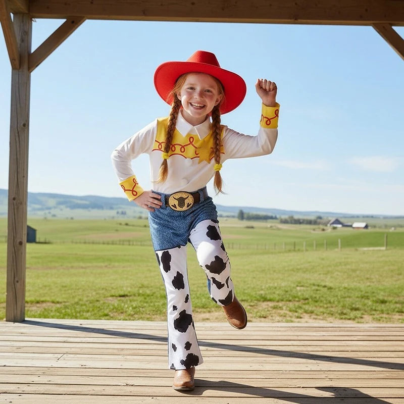 2026 Jessie Cowgirl Costume 2 Piece Set Sleeve shirt Cow Print Flared Pants Kids Cosplay Outfit