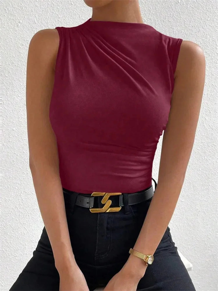 Mock Neck Ruched Tank Top for Women Summer 2024 Solid Color Pleated Sleeveless Tee Shirt Tshirt Streetwear Y2K
