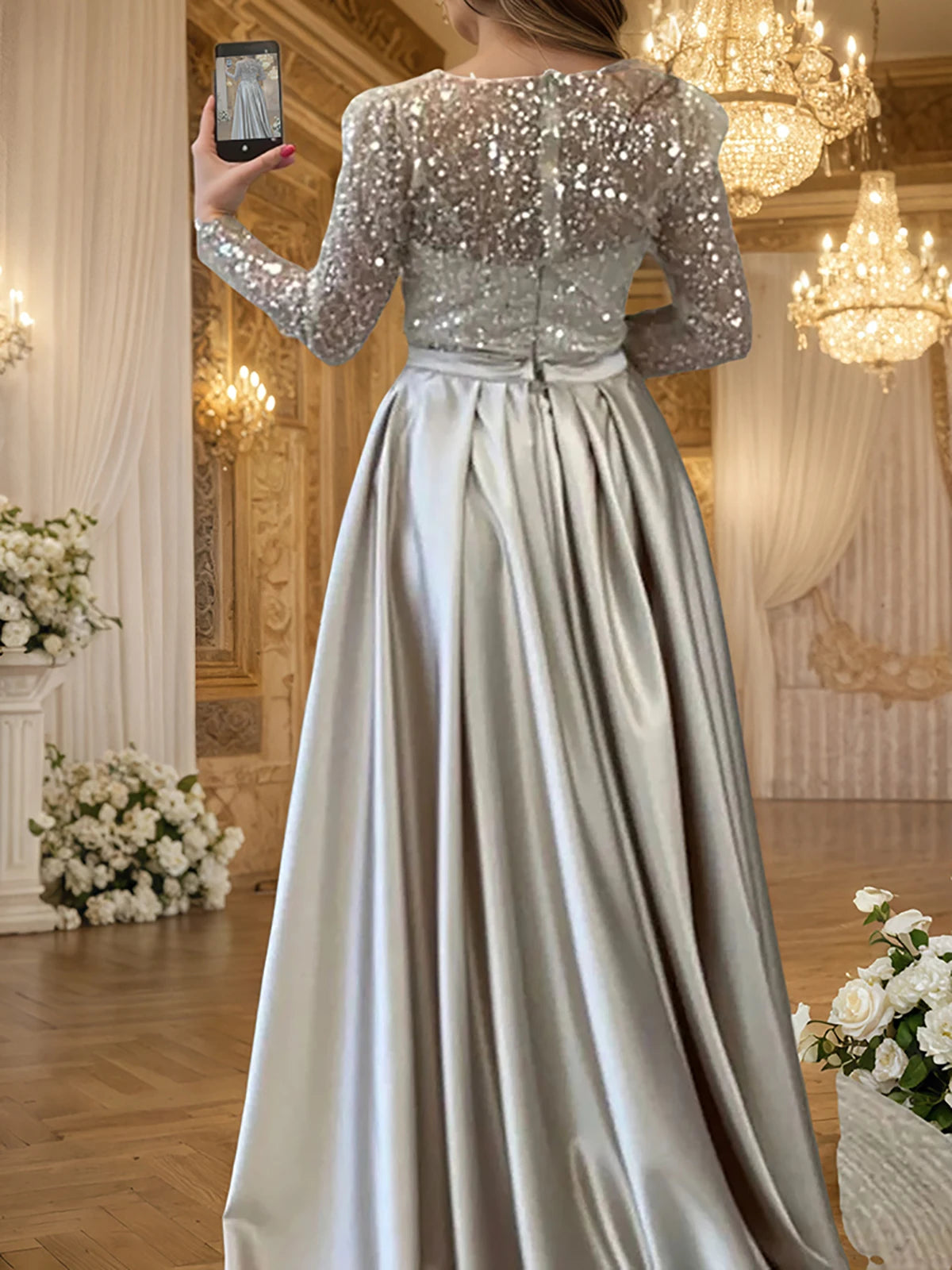 Sequin Evening Crew Neck Gold Long Sleeve Ruched Tiered Bodycon Dress
