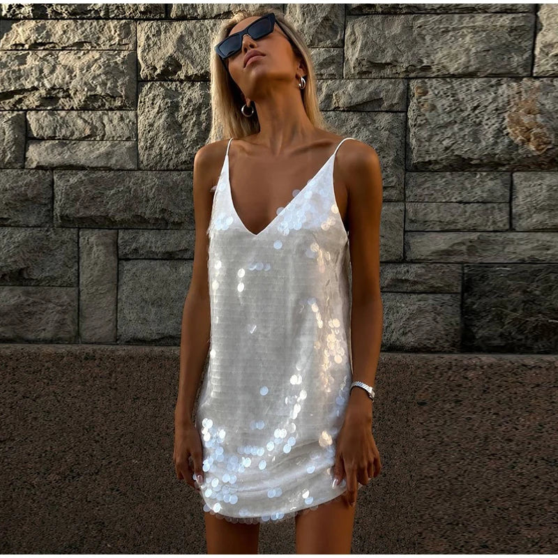 Sequined Sleeveless V-Neck Sling Loose Mini Dresses